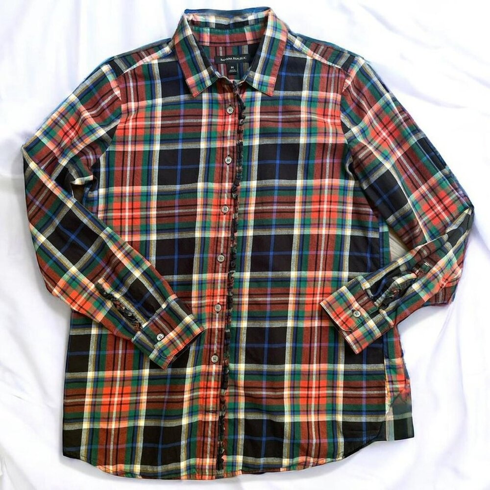Lightweight flannel button down with ruffle embellishments- Banana Republic